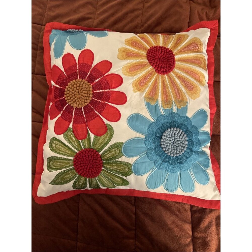 Pier 1 Embroidered Floral Appliqué Case Only Red Blue Green Yellow 18X 18 Satin